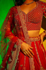 Red Raw Silk Heavy Bridal Lehenga with Peacock and Floral Motifs