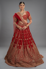 Red Raw Silk Designer Zardosi and Cutdana Worked Bridal Lehenga