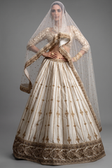 Cream Raw Silk Sequin Embroidered Designer Bridal Lehenga with Plunging Sweet Heart Neckline Blouse