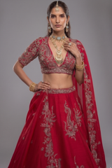 Pink Raw Silk Designer Heavy Patch Work Lehenga with Deep V Neck Blouse