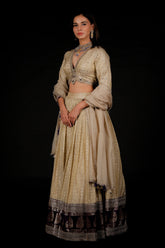 Off White Tissue Weaving and V Neckline Lehenga