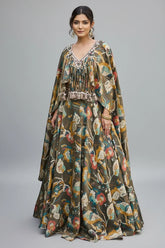 Olive Green Tissue Floral Printed Cape Sleeved Crop Top Lehenga Set