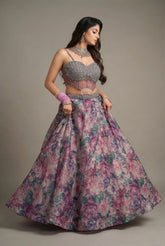 Mauve Organza Silk Floral Print Lehenga with Cutdana Sequin Corset with Cape Jacket