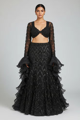 Black Net Sequin Beaded Fish Cut Lehenga with Deep Scallop Neckline Blouse