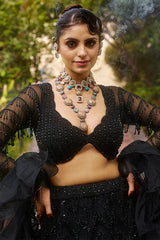 Black Net Sequin Beaded Fish Cut Lehenga with Deep Scallop Neckline Blouse