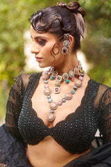 Black Net Sequin Beaded Fish Cut Lehenga with Deep Scallop Neckline Blouse