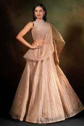 Beige Net High Neck Designer Metallic Stripe Lehenga Set with Attached Dupatta