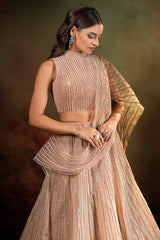 Beige Net High Neck Designer Metallic Stripe Lehenga Set with Attached Dupatta