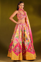 Yellow and Pink Crepe Silk Floral Printed and Embroidered Designer Lehenga