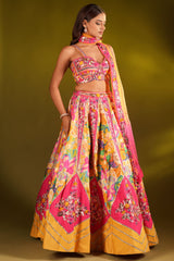 Yellow and Pink Crepe Silk Floral Printed and Embroidered Designer Lehenga