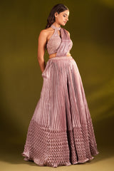 Mauve Satin Organza Sculpted Pleated Lehenga with Halter Neck Embellished Blouse