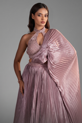 Mauve Satin Organza Sculpted Pleated Lehenga with Halter Neck Embellished Blouse