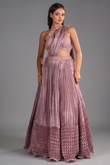 Mauve Satin Organza Sculpted Pleated Lehenga with Halter Neck Embellished Blouse
