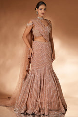 Rose Golden Net Designer Mermaid Style Lehenga with Cold Shoulder Blouse