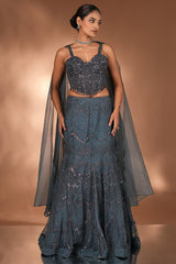 Prussian Blue Net Cutdana Beaded Mermaid Style Lehenga with Embellished Corset Blouse