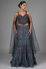 Prussian Blue Net Cutdana Beaded Mermaid Style Lehenga with Embellished Corset Blouse