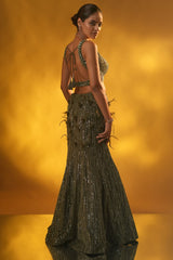 Olive Green Net Designer Mermaid Style Lehenga Set