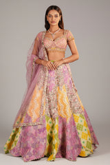 Multi Colored Silk Printed and Woven Jaal Patch Work Lehenga