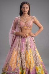 Multi Colored Silk Printed and Woven Jaal Patch Work Lehenga