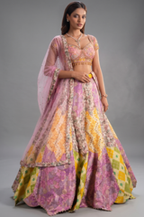 Multi Colored Silk Printed and Woven Jaal Patch Work Lehenga
