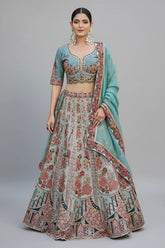 Blue Raw Silk Floral Printed and Sequin Embroidered Lehenga