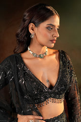 Black Net Sequinned and Cutdana Worked Designer Lehenga with Deep V Neck Blouse