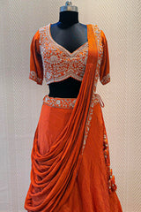 Orange Silk Zardosi Work Lehenga with Attached Dupatta
