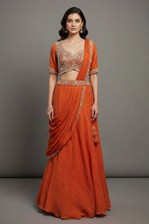 Orange Silk Zardosi Work Lehenga with Attached Dupatta