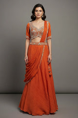 Orange Silk Zardosi Work Lehenga with Attached Dupatta