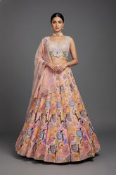 Pink and Multi Colored Chinon Sequin and Floral Printed Lehenga