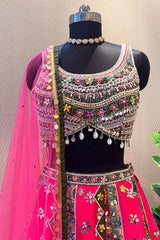 Rani Pink Raw Silk Kalamkari Printed Lehenga with Beads and Applique Work