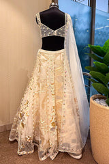 Off White Organza Designer Lehenga with Beads and Applique Work