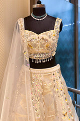 Off White Organza Designer Lehenga with Beads and Applique Work