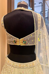 Mint Green Net Designer Floral Patch Worked Lehenga with Cape Dupatta