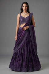 Purple Chinon Silk Sequin and Bead Work Lehenga with Attached Dupatta