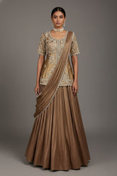 Chocolate Brown Crush Silk Lehenga with Sequin Cutdana Slit Top and Attached Dupatta