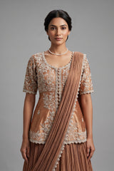 Chocolate Brown Crush Silk Lehenga with Sequin Cutdana Slit Top and Attached Dupatta