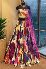 Off White Crepe Silk Floral Printed Flared Lehenga with Beaded Off Shoulder Corset