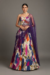 Off White Crepe Silk Floral Printed Flared Lehenga with Beaded Off Shoulder Corset