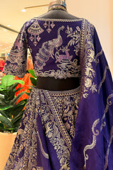 Blue Banarasi Silk All Over Woven Lehenga with Peacock and Animal Motif
