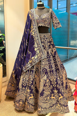 Blue Banarasi Silk All Over Woven Lehenga with Peacock and Animal Motif