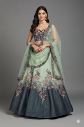 Mint Green and Blue Raw Silk Floral Embroidered Lehenga