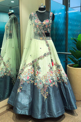 Mint Green and Blue Raw Silk Floral Embroidered Lehenga