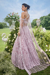 Dusty Pink Net Designer Sequin Beaded Lehenga with One Shoulder Blouse and Cape Dupatta