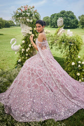 Dusty Pink Net Designer Sequin Beaded Lehenga with One Shoulder Blouse and Cape Dupatta