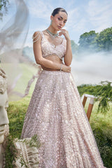 Peach Net Designer All Over Sequin Beaded Lehenga