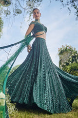 Dark Green Net Designer Sequin Cutdana Worked Lehenga with Embellished Blouse