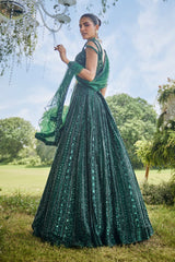 Dark Green Net Designer Sequin Cutdana Worked Lehenga with Embellished Blouse