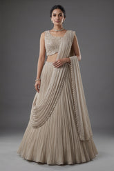 Grey Chinon Silk Sequin Cutdana Work Lehenga with Attached Dupatta