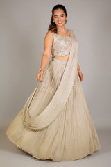 Grey Chinon Silk Sequin Cutdana Work Lehenga with Attached Dupatta